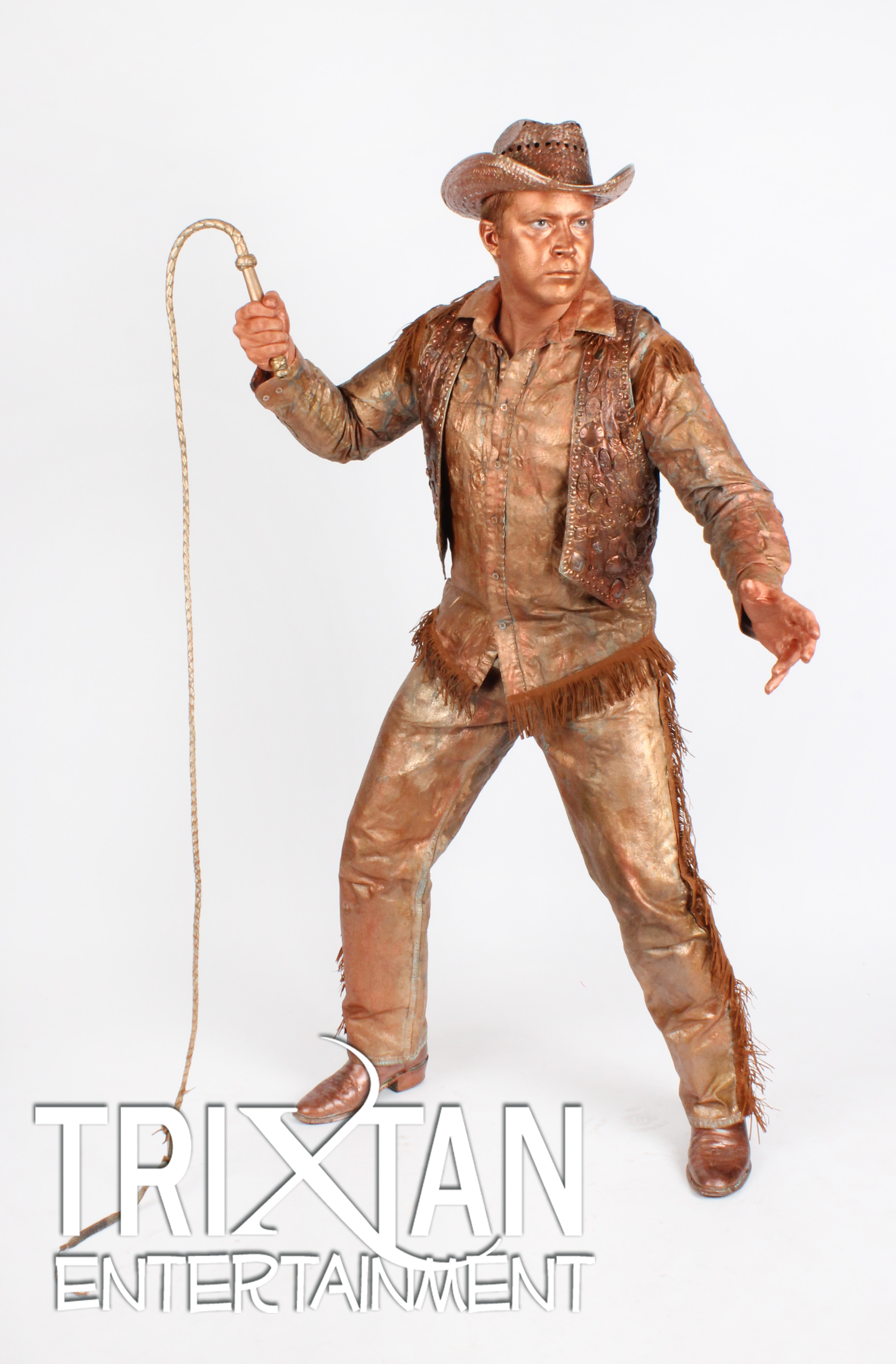 Western, Copper, Cowboy ,Whip, Living Statue