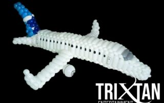 Detailed balloon sculpture of a passenger airplane with blue tail fin on black background