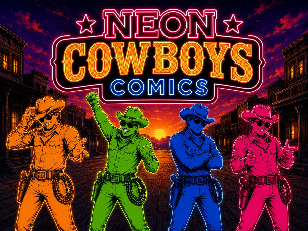 Neon Cowboys Comics featuring Orange, Green, Blue and Pink neon cowboy characters in a glowing Wild West town